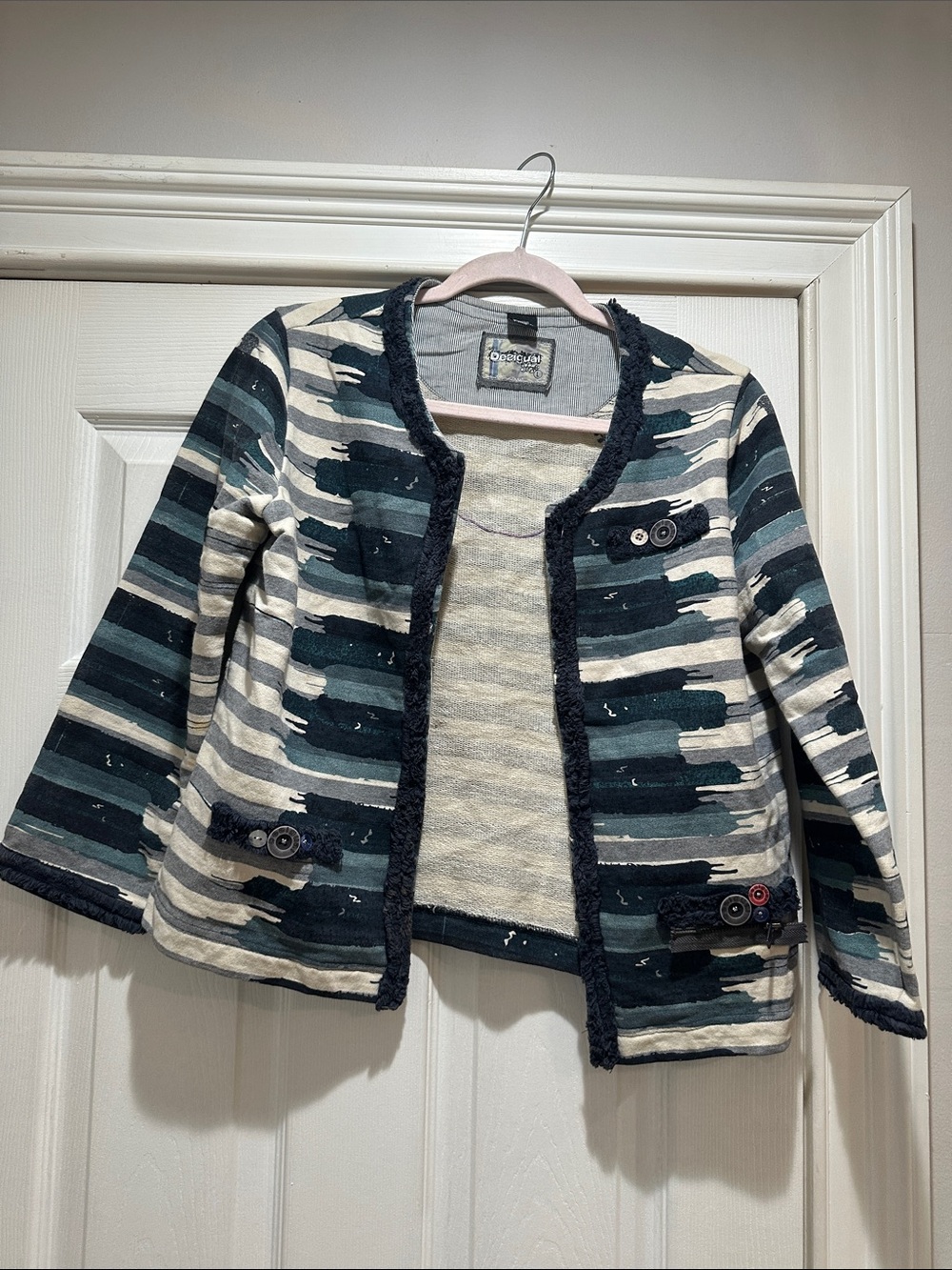 Desigual Girls' Navy, Cream & Teal Striped Knit Blazer